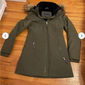 Tommy Hilfiger Coat Womens Size XS green Faux Fur Trim Puffer Jacket khaki